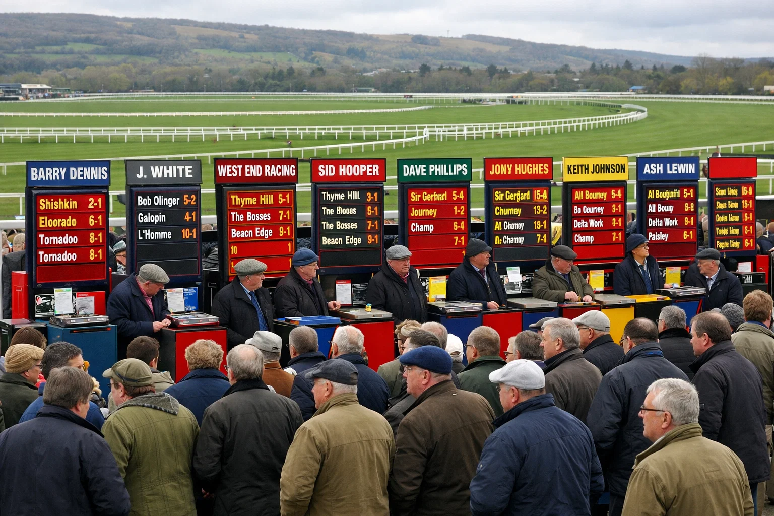 Row of on-course bookmakers with colourful price boards at Cheltenham's betting ring