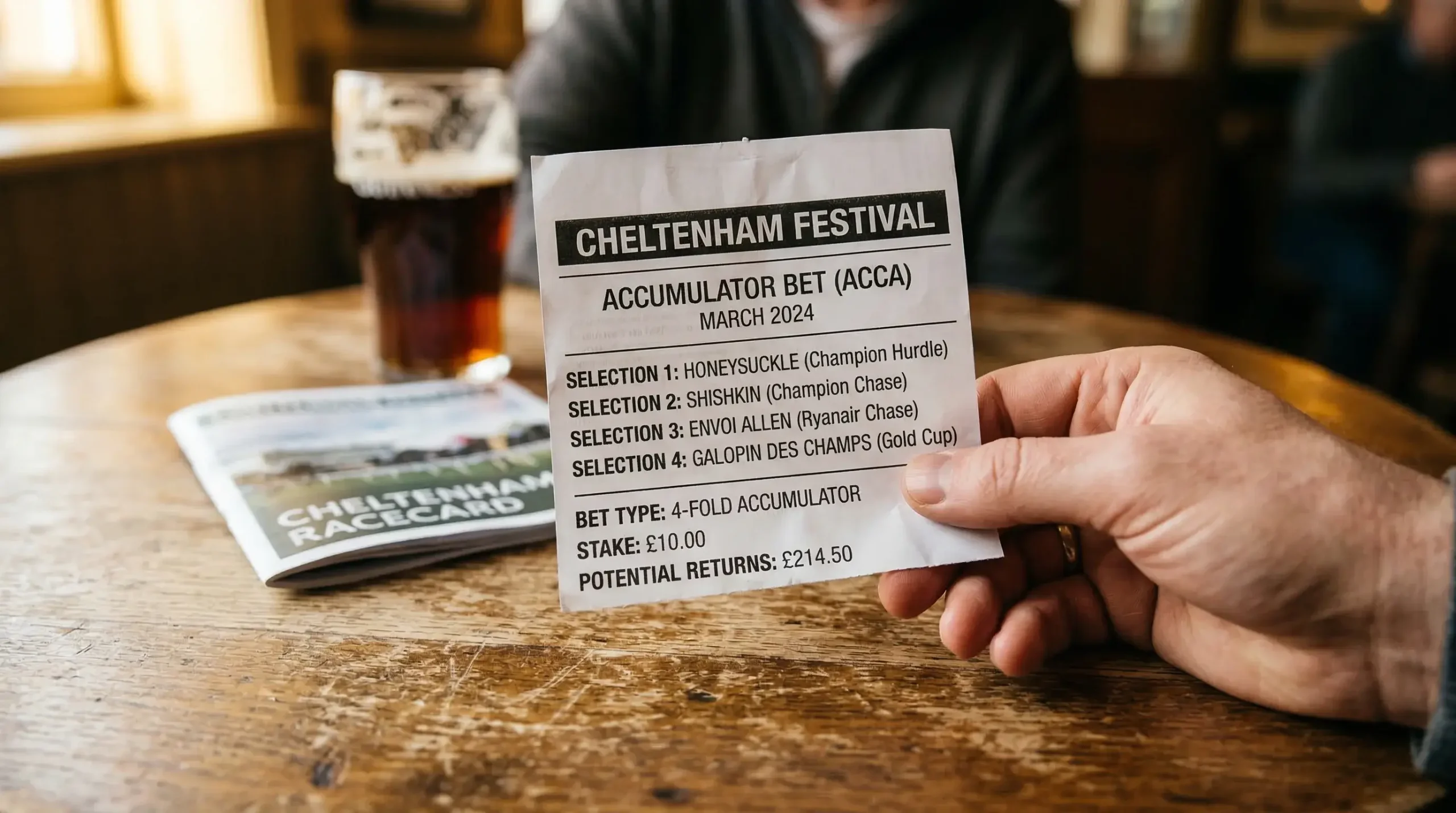 Close-up of a betting slip with multiple Cheltenham race selections for an accumulator bet