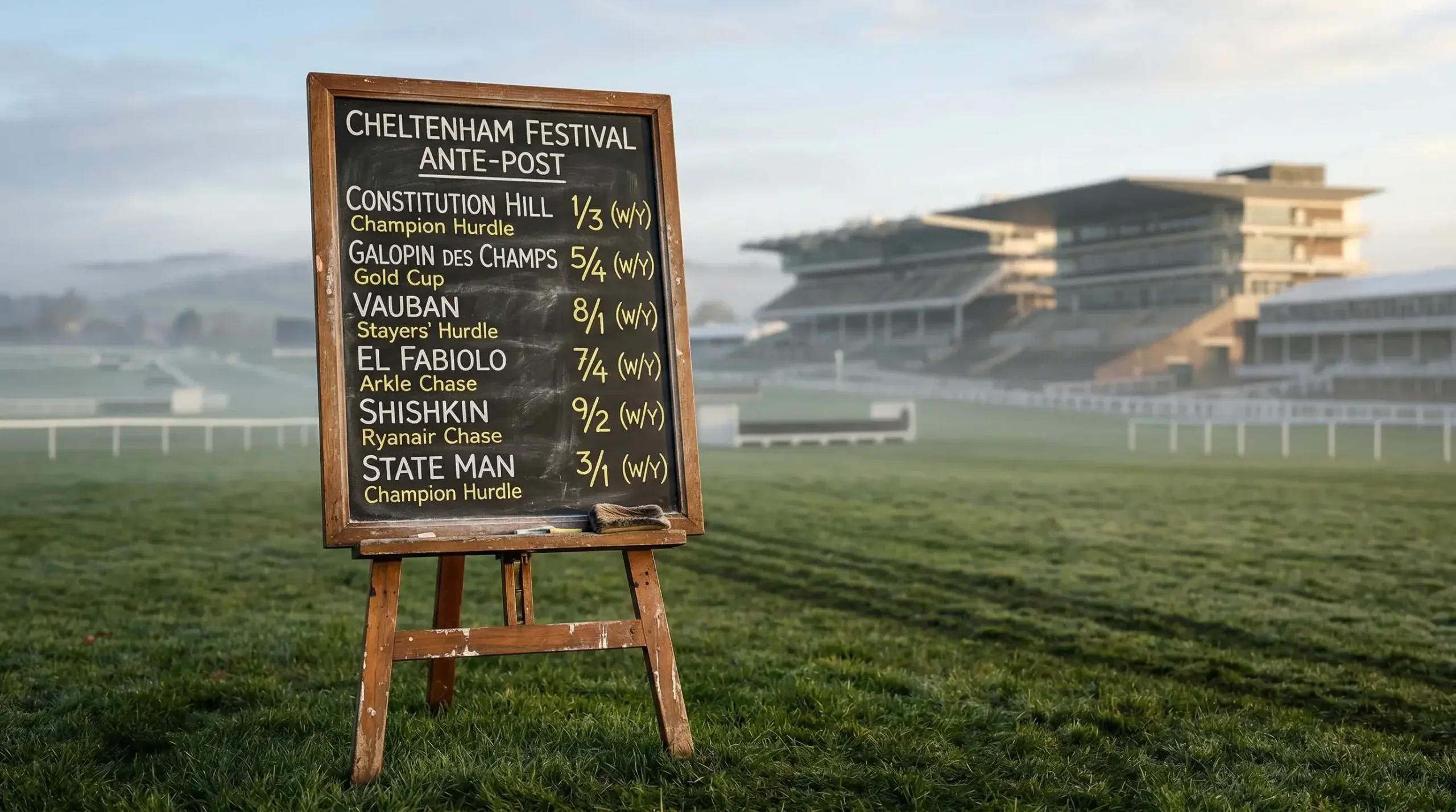 Bookmaker's chalkboard showing early Cheltenham odds weeks before the festival