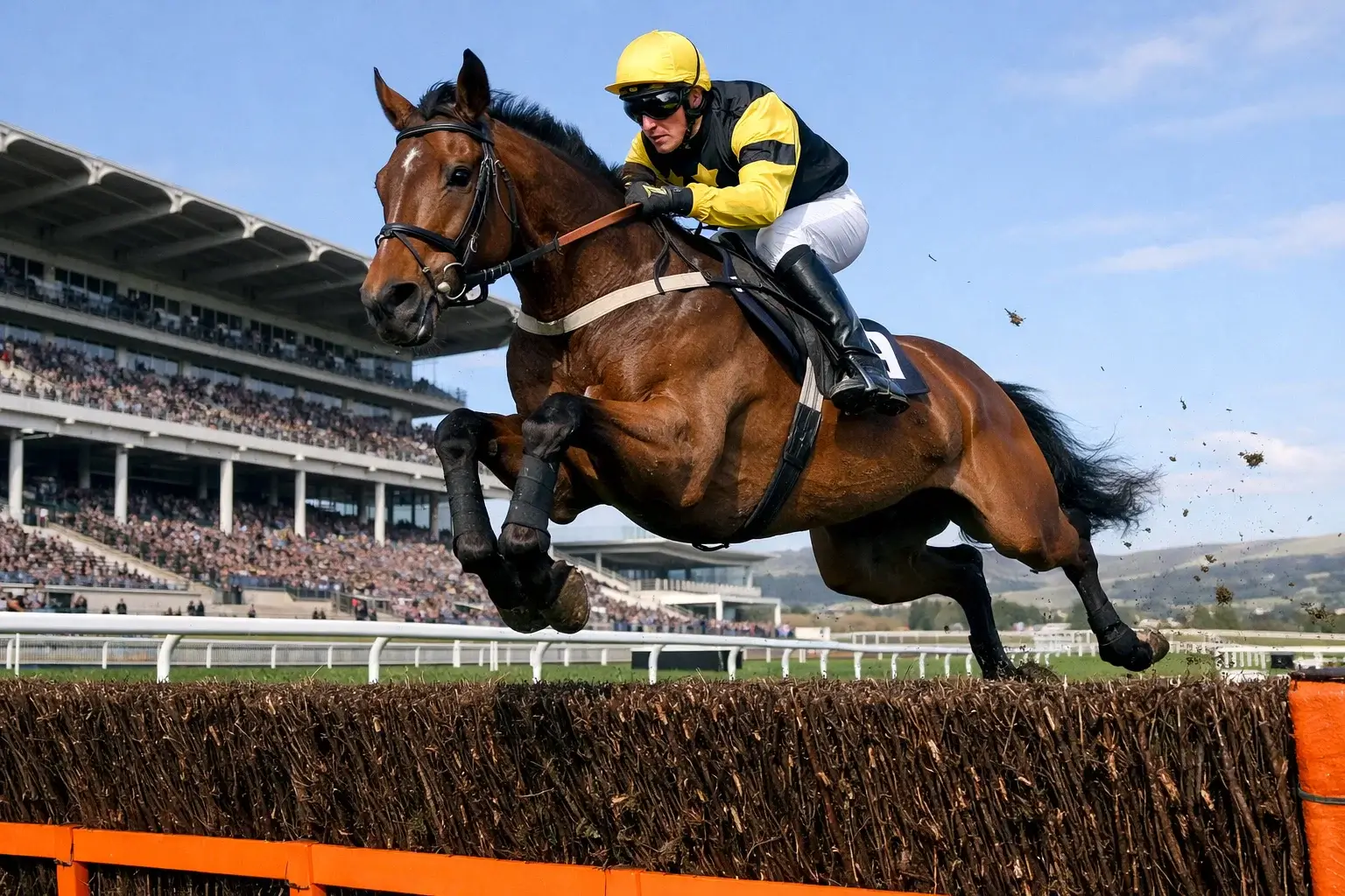 Young novice horse jumping a steeplechase fence at Cheltenham on opening day of the festival