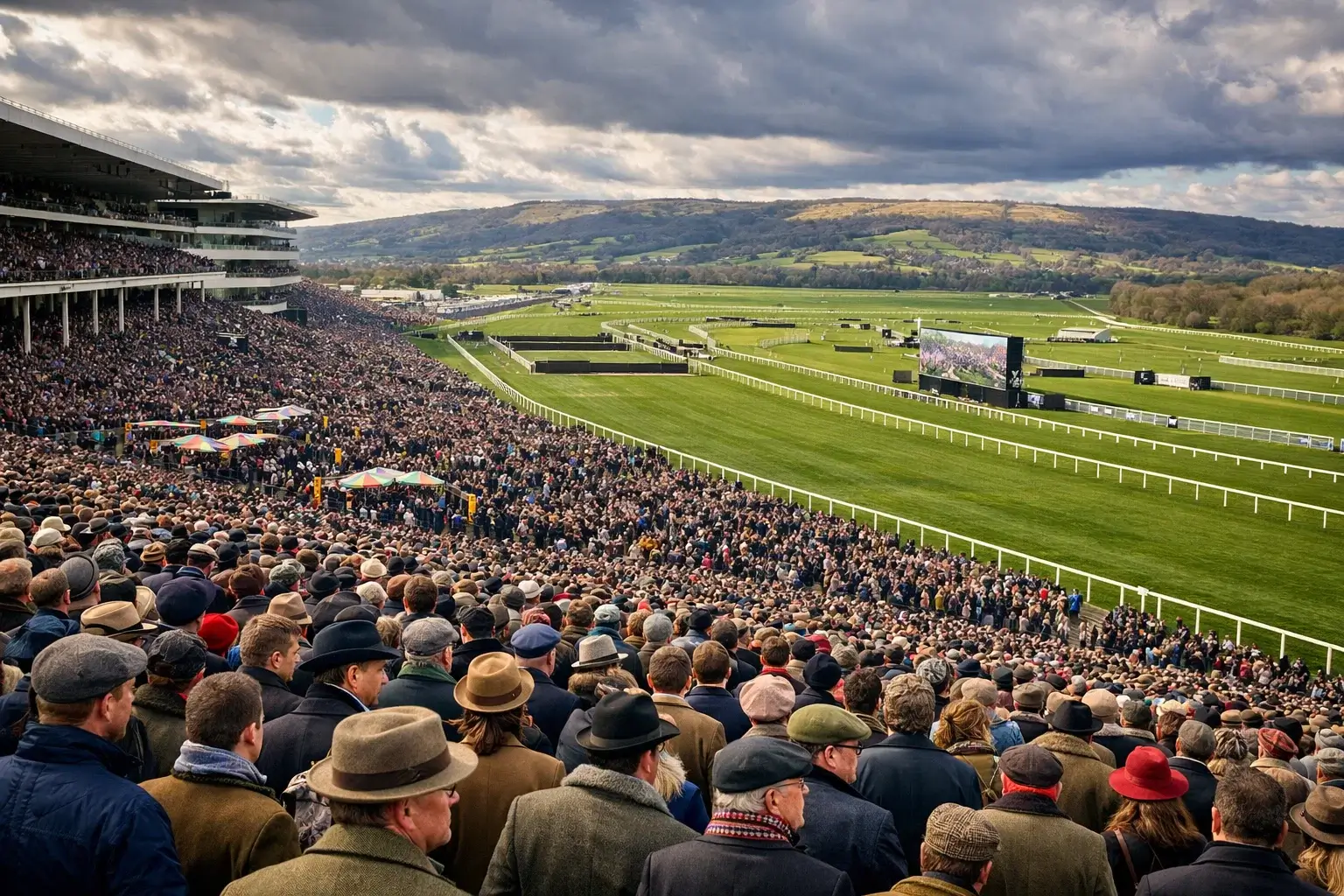 Large crowd of racegoers filling the Cheltenham grandstand and lawns on Gold Cup day