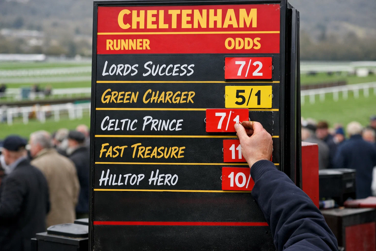 Bookmaker's odds board at Cheltenham racecourse showing price movements on race day