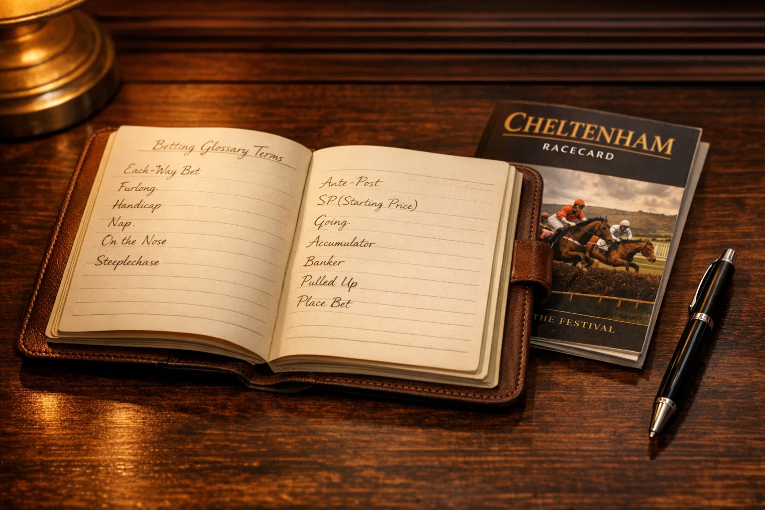 Open notebook with handwritten horse racing betting terms beside a Cheltenham racecard