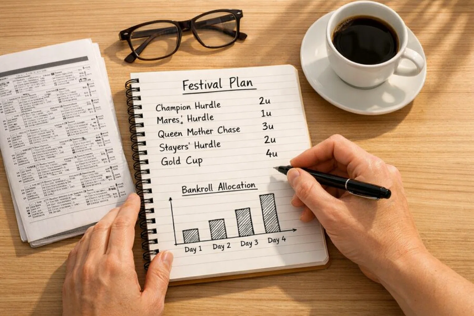 Notebook with a written Cheltenham betting plan showing bankroll units and race selections