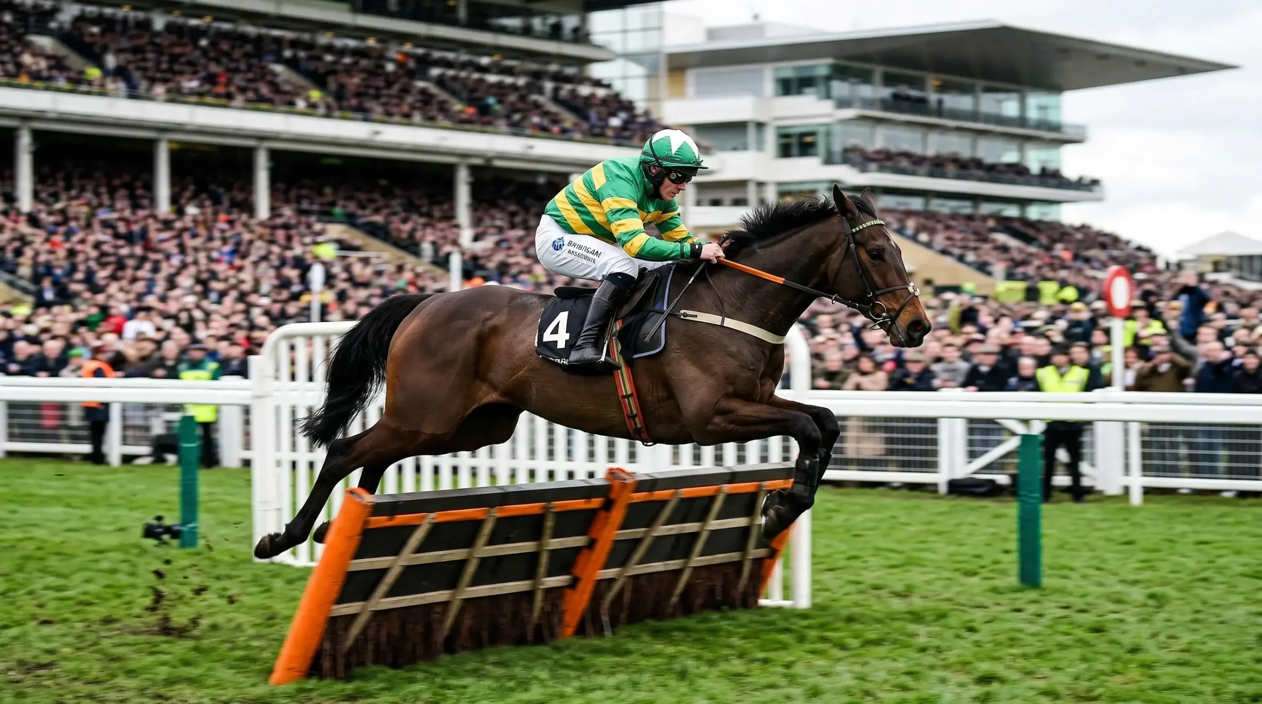 Horse clearing the final hurdle in the Champion Hurdle at Cheltenham with jockey in racing silks
