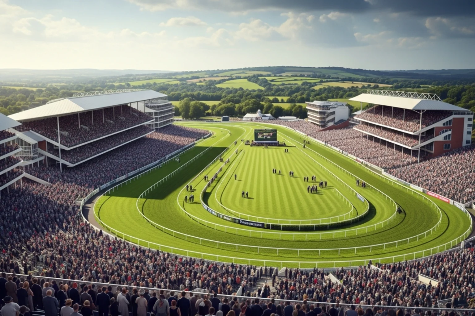 Panoramic view of Cheltenham racecourse grandstand filled with racegoers during festival week