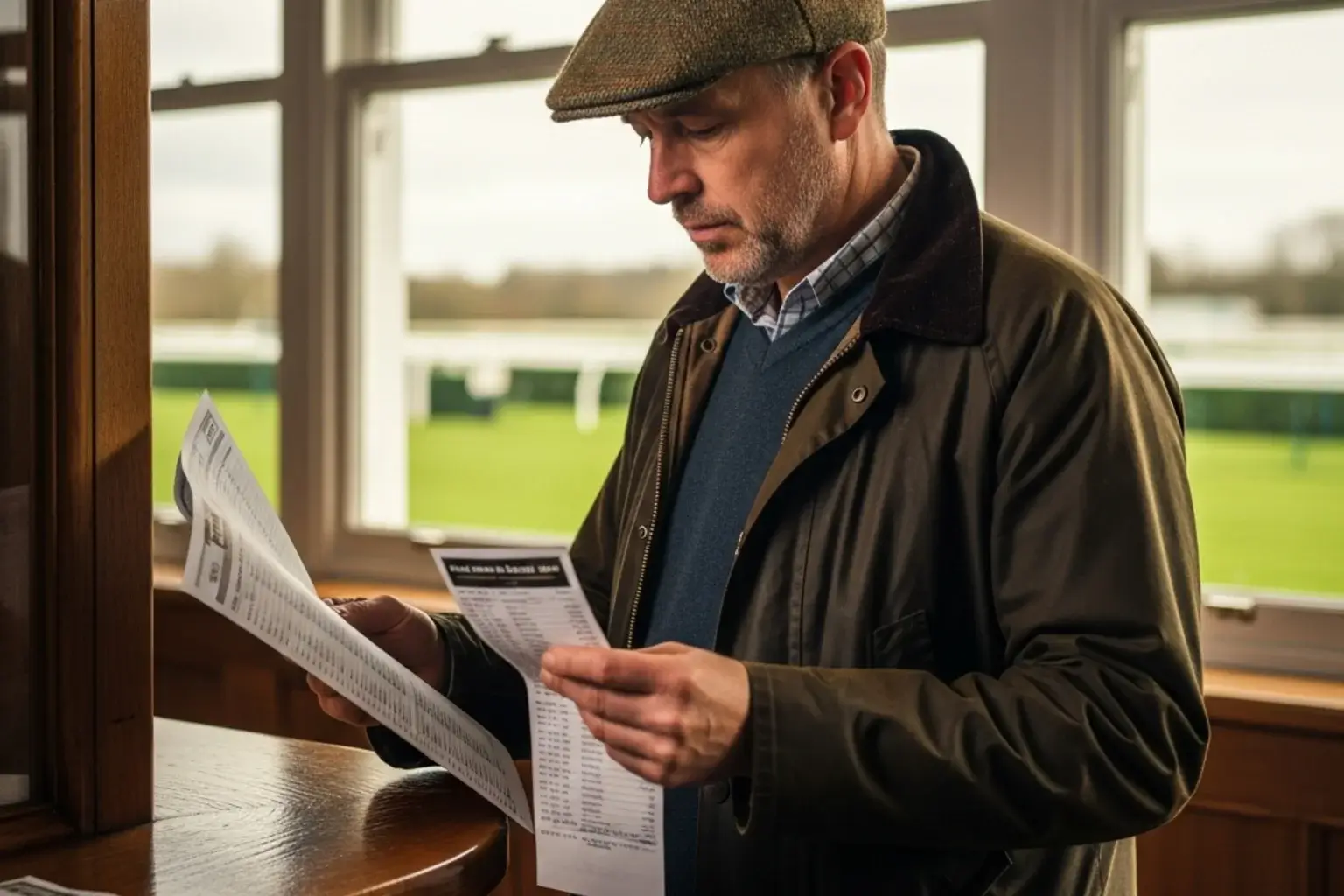 Punter studying a Cheltenham racecard with each way betting slip in hand at Prestbury Park
