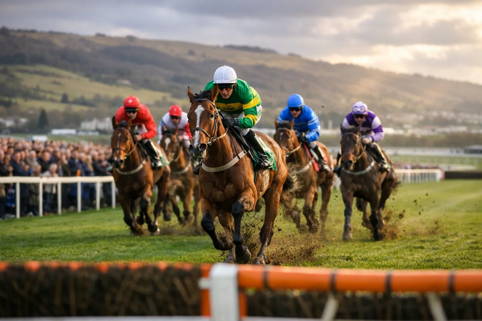 Cheltenham Festival 2026 racecourse with horses approaching the finish at Prestbury Park
