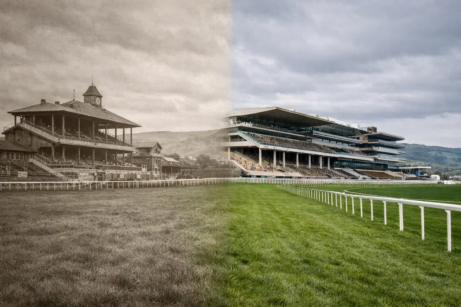 Historic black-and-white style view of Cheltenham racecourse blending into the modern grandstand