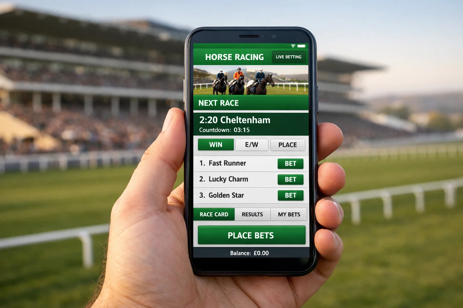 Smartphone displaying a betting app with a Cheltenham free bet offer on the screen