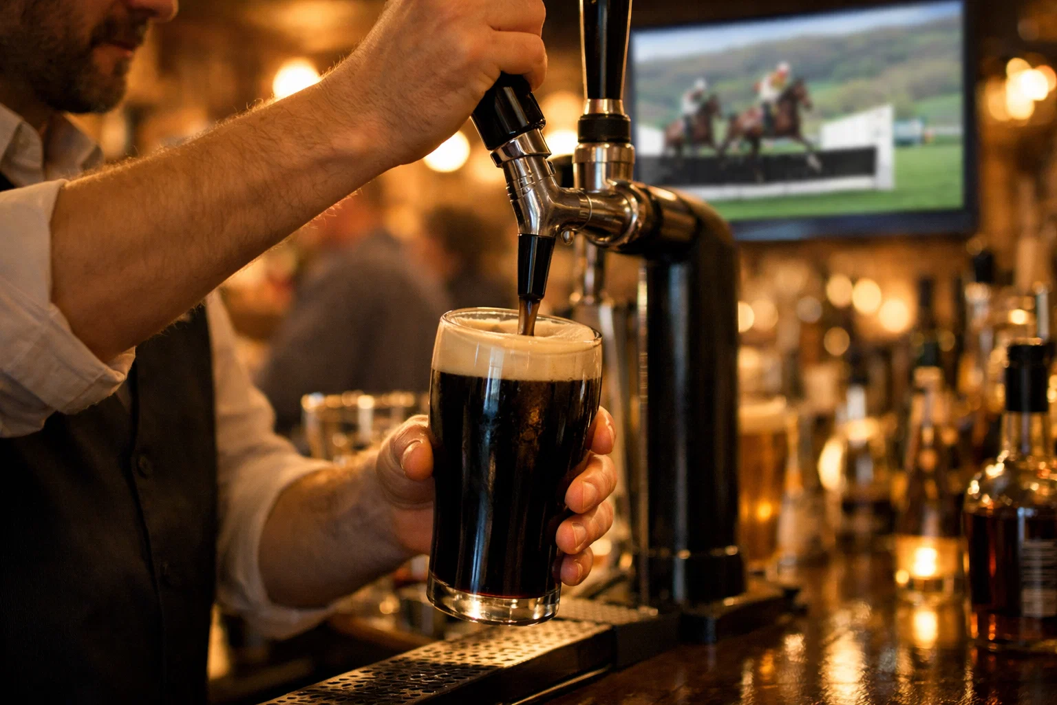 Pints of Guinness being poured at a Cheltenham Festival bar with racing action on screens behind