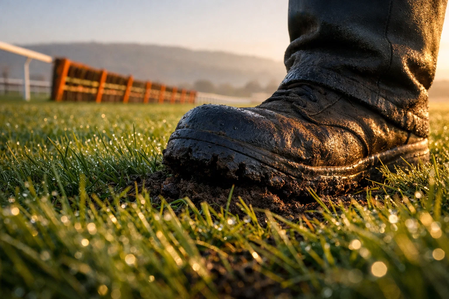 Cheltenham going and course guide — close-up of soft turf with hurdle fences on the track