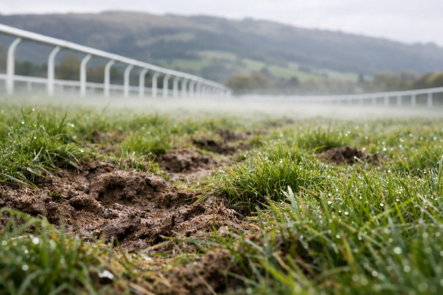 Close-up of soft turf at Cheltenham racecourse with hoof prints showing going conditions