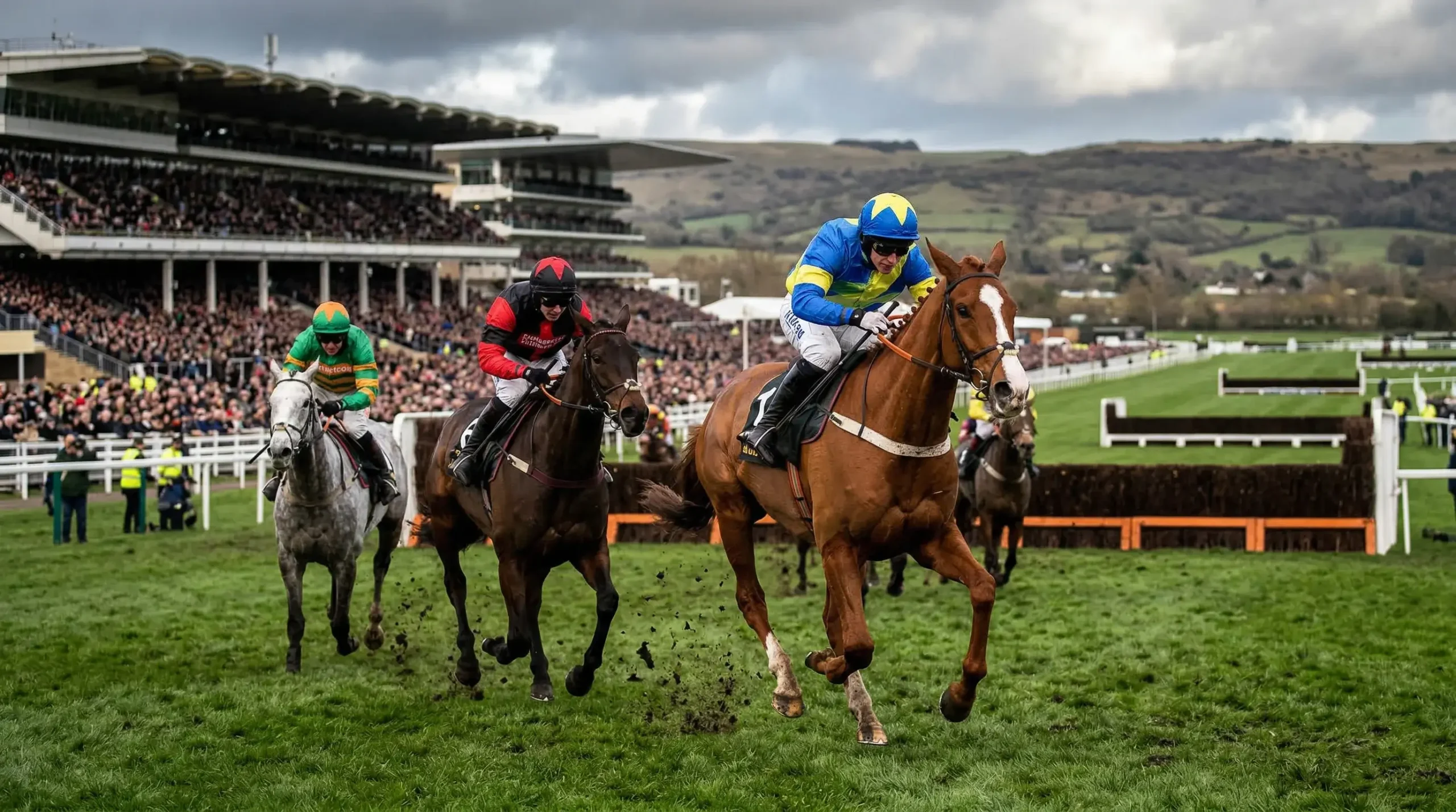 Horses racing up the famous Cheltenham hill during the Gold Cup steeplechase