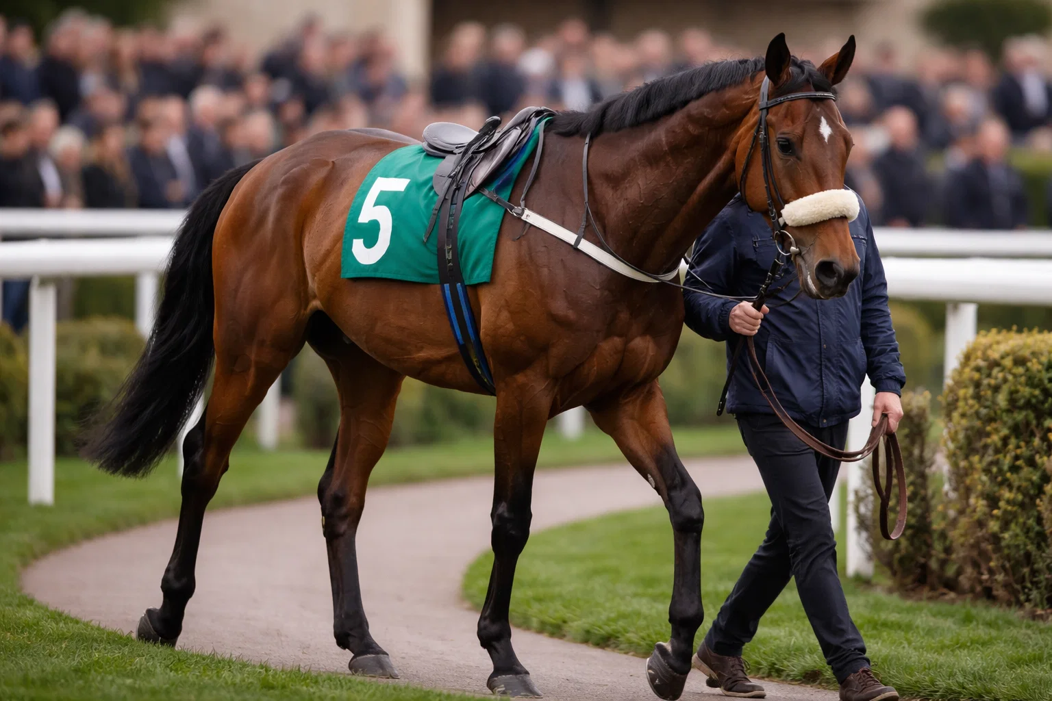 Young seven-year-old thoroughbred racehorse being led through the Cheltenham parade ring