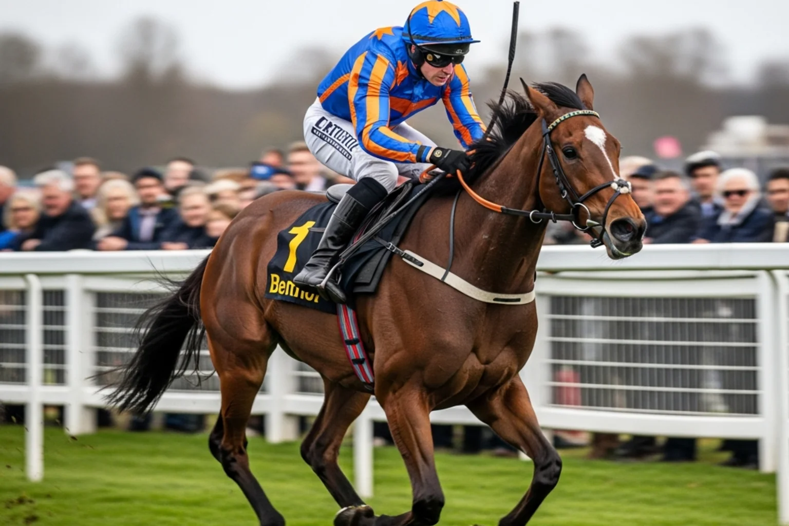 Jockey in colourful racing silks riding at full gallop during a Cheltenham Festival race