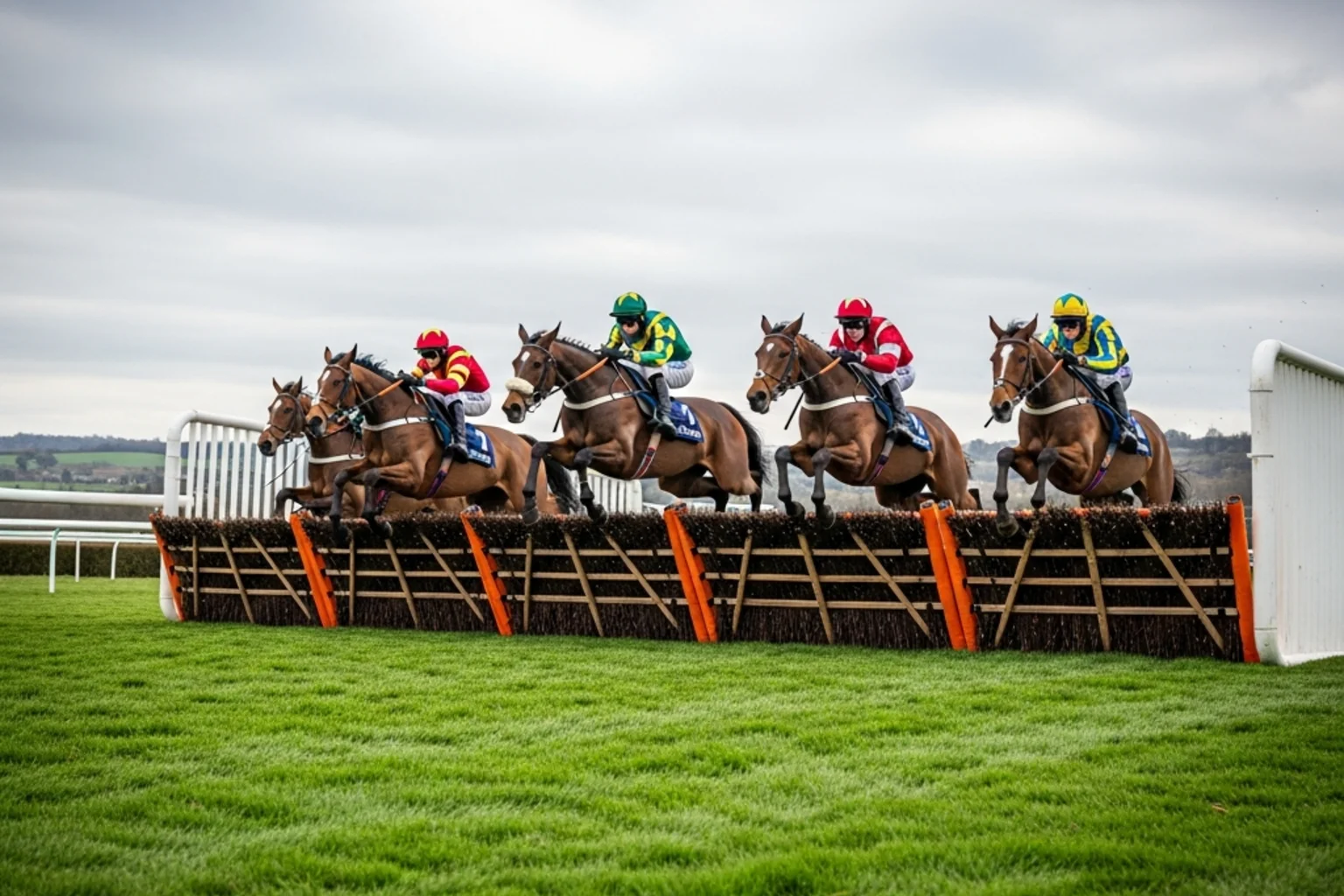 Four horses jumping a hurdle at Cheltenham representing the four selections in a Lucky 15 bet