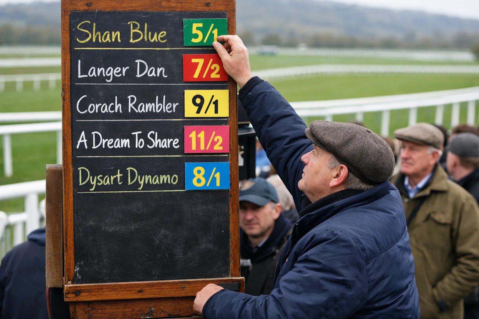 On-course bookmaker adjusting Cheltenham odds on a traditional betting board