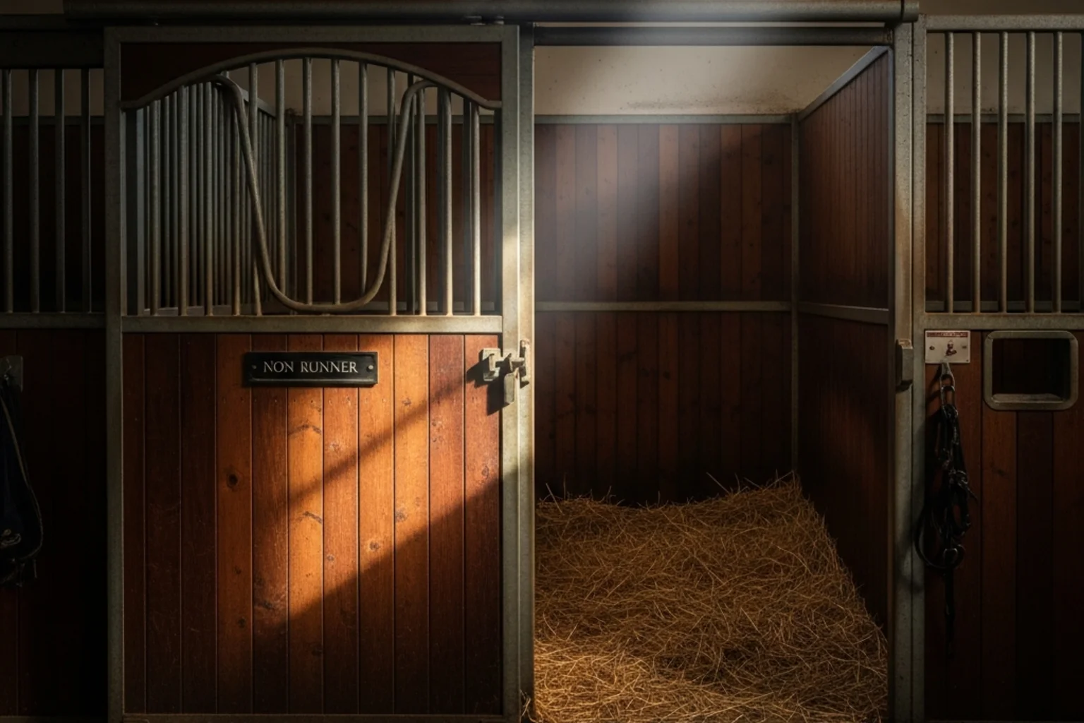 Empty horse stall at a racecourse symbolising a non-runner withdrawal before a Cheltenham race