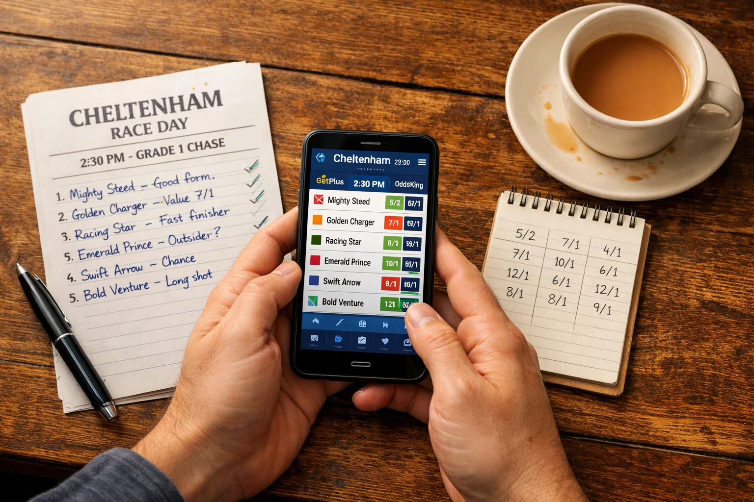 Bettor reviewing Cheltenham odds on a smartphone with racecard and notebook on a table