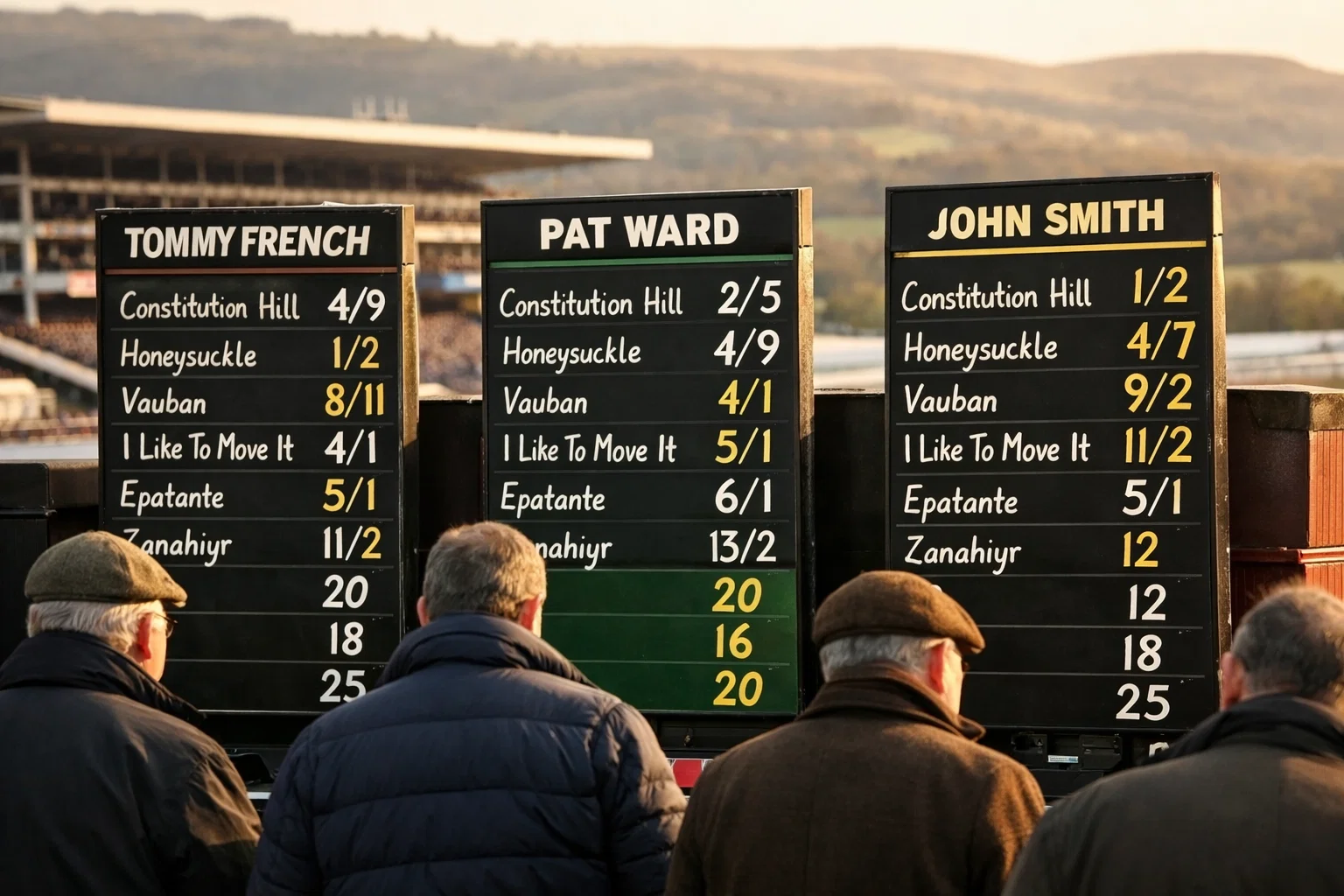 Cheltenham odds comparison — bookmaker boards showing different prices at Prestbury Park