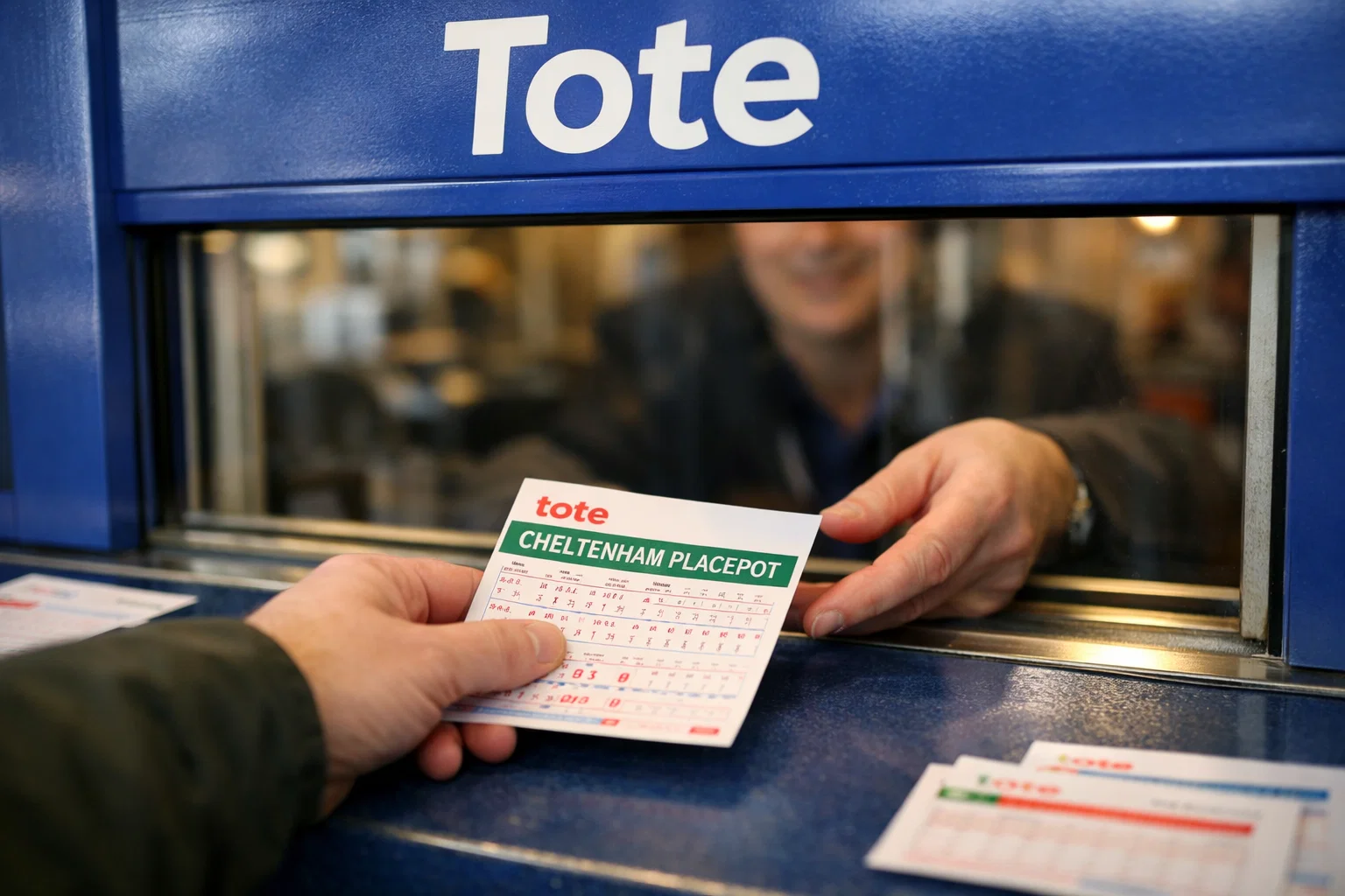 Tote Placepot window at Cheltenham racecourse with a punter placing a pool bet
