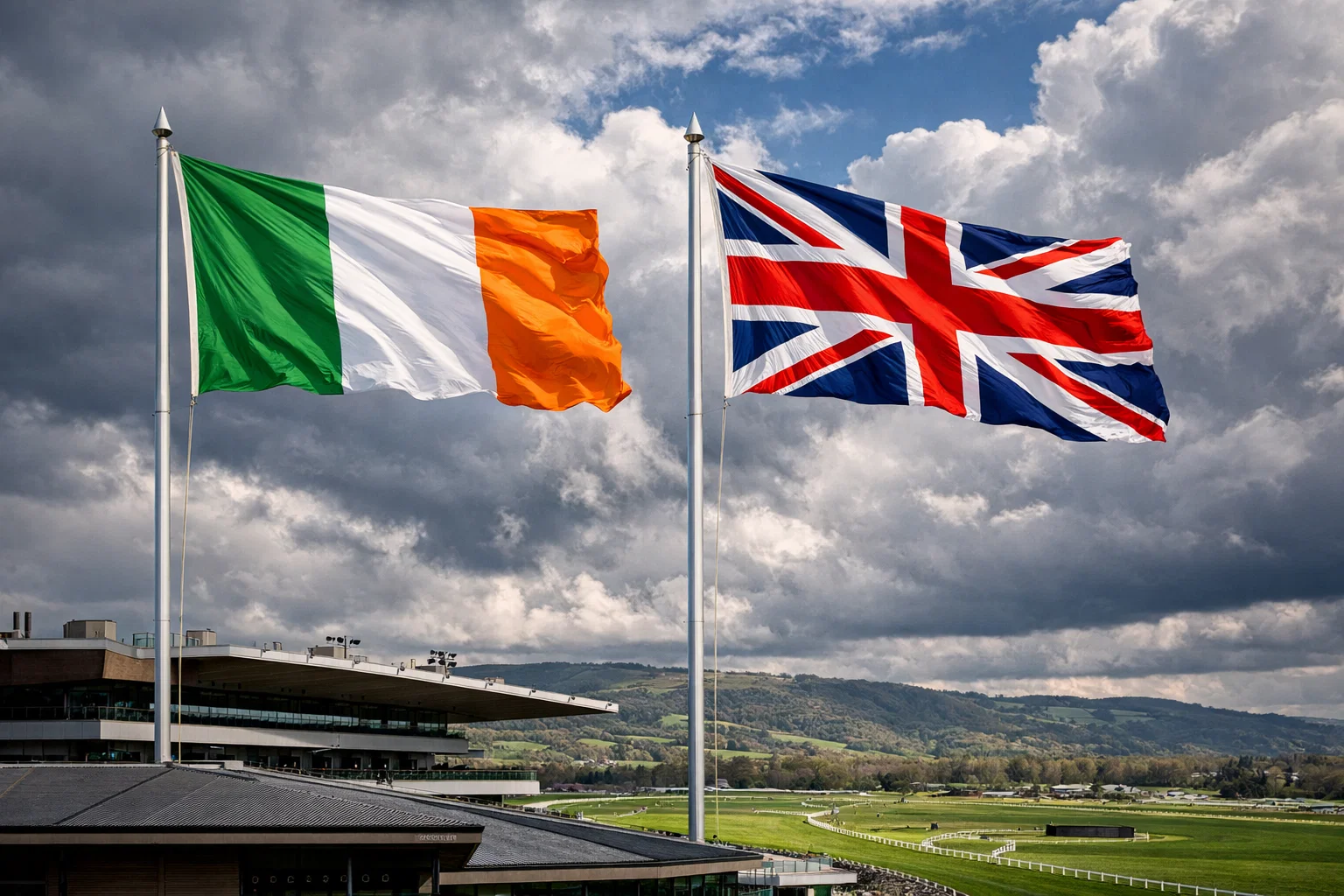 Irish and British flags flying side by side above the Cheltenham Festival grandstand