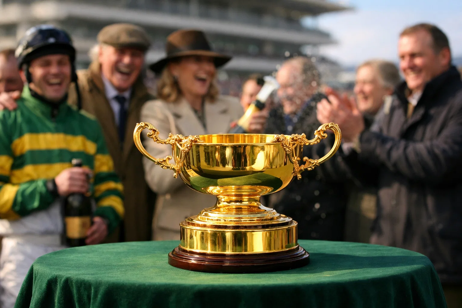 Gold Cup trophy on display at Cheltenham Festival with the winning connections celebration behind