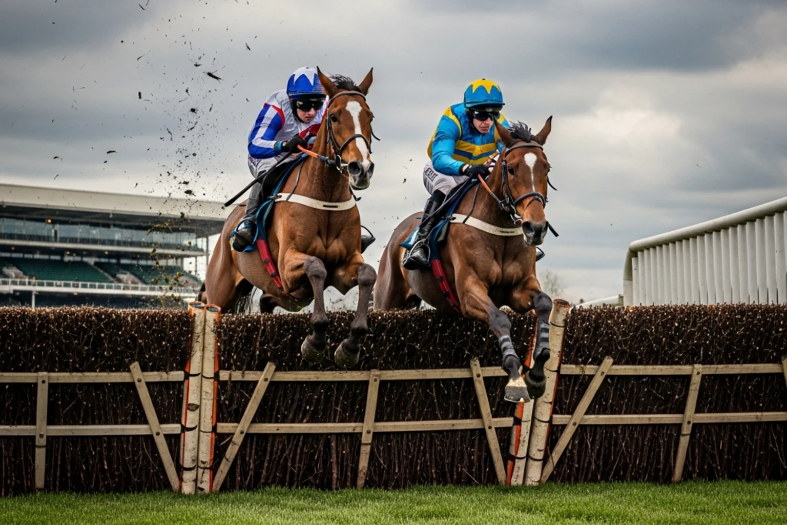 Horses battling over a fence during a Thursday Grade 1 chase at Cheltenham Festival