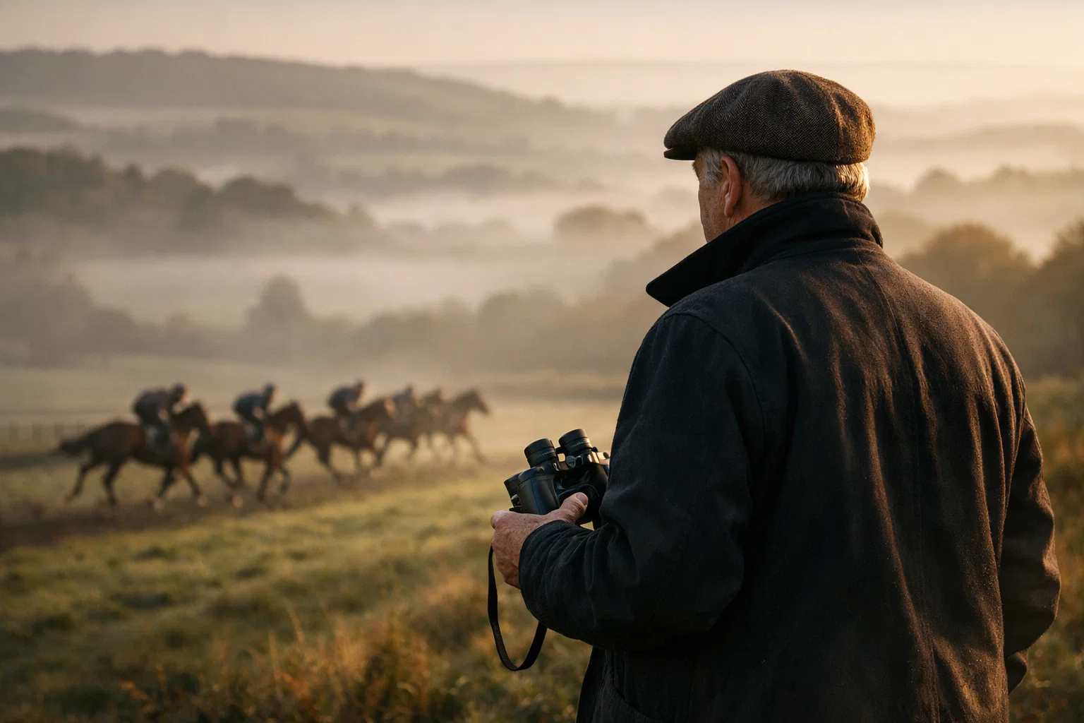 Horse trainer watching runners on the Cheltenham gallops with binoculars on a misty morning