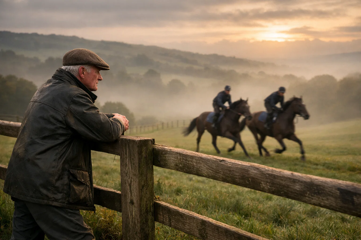 Horse trainer watching horses work on a misty morning gallops at a National Hunt training yard