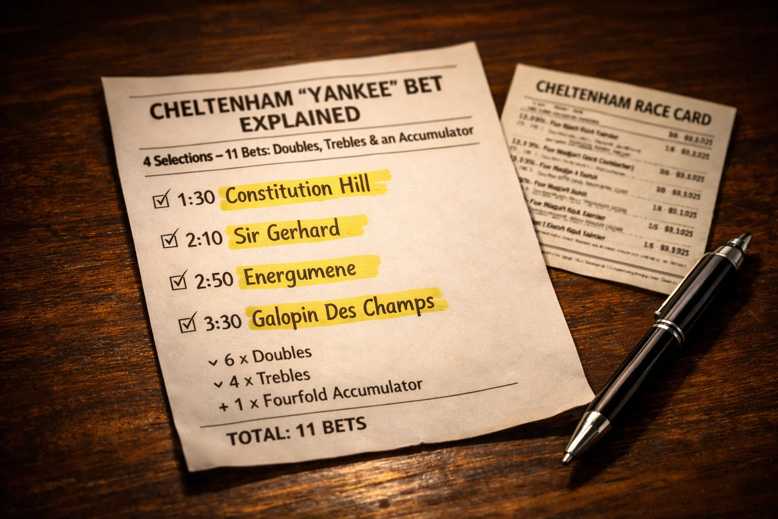 Betting slip showing four highlighted Cheltenham race selections for a Yankee bet