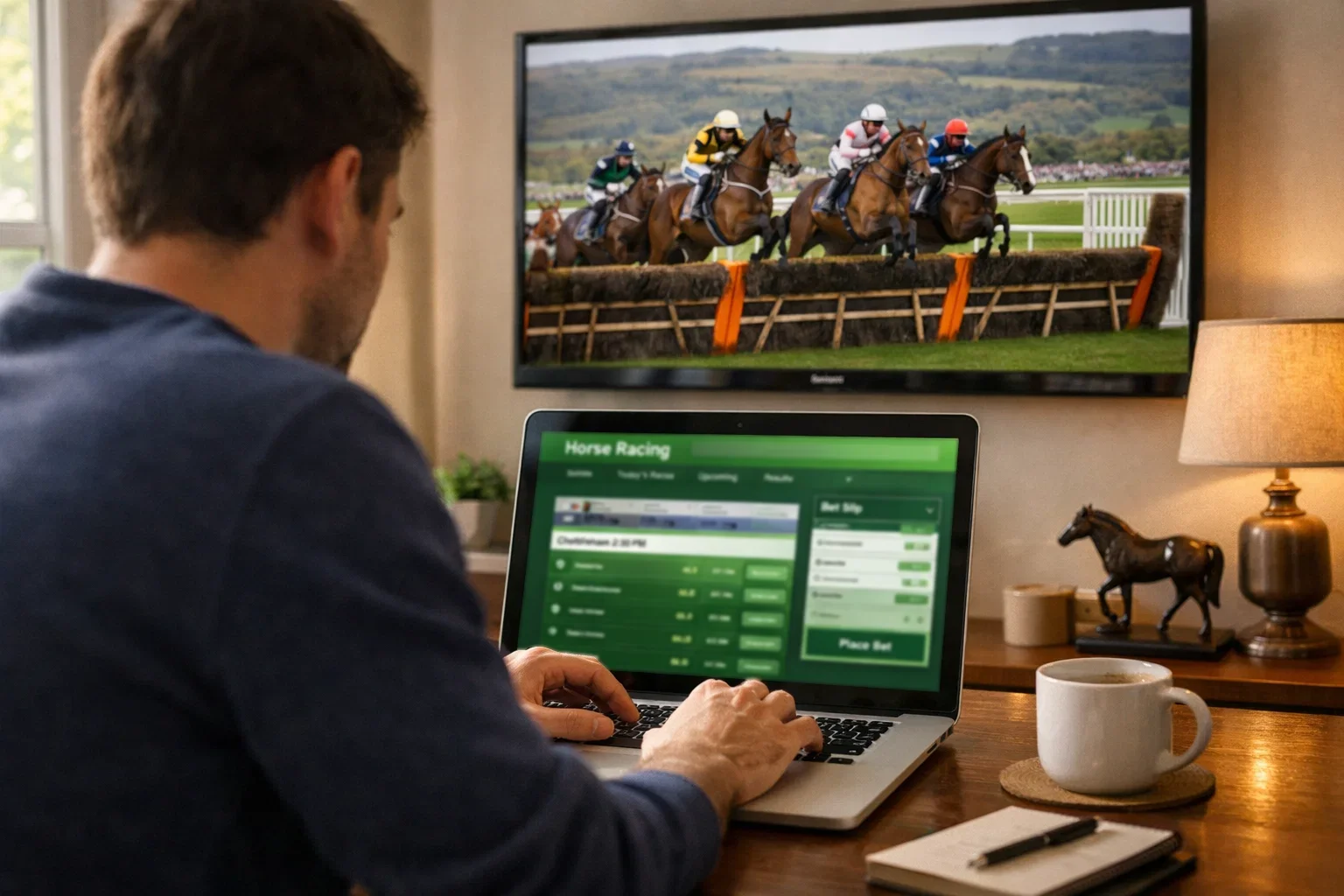 Person using a laptop to place a bet on Cheltenham races with the racecourse on television behind