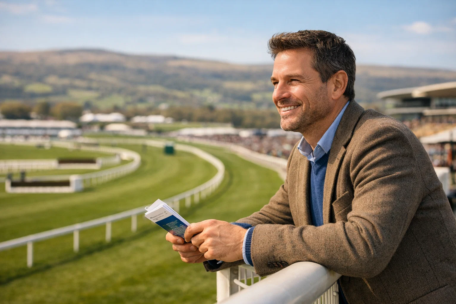 Racegoer enjoying the Cheltenham Festival atmosphere from the grandstand on a sunny day
